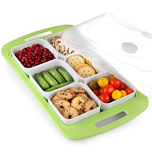 6 Compartment Veggie Tray - Snack Tray with Lid – Plastic Fruit Tray with Cover - Appetizer Serving Platter – vegetable Party Tray with Looking Lid – Party Platter Great for all Parties, BBQ, Picnics, and More