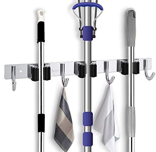 Favbal Broom Mop Holder Wall Mount Stainless Steel Wall Mounted Storage Organizer Heavy Duty Tools Hanger with 3 Racks 4 Hooks for Kitchen Bathroom Closet Office Garden