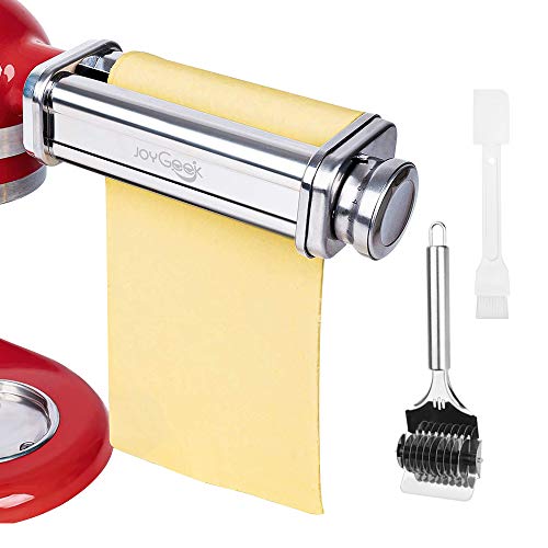 JoyGeek Pasta Roller Sheet Attachment for KitchenAid Stand Mixer, Stainless Steel Pasta Maker Accessories with Noodle Lattice Roller and Cleaning Brush for Ravioli, Lasagna