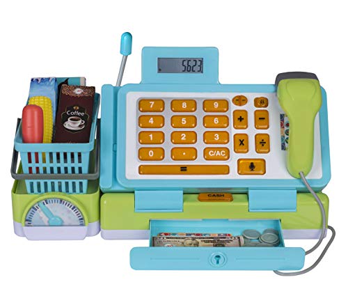 Playkidz Interactive Toy Cash Register for Kids - Sounds & Early Learning Play Includes Play Money Handheld Real Scanner Working Scale & Calculator, Live Microphone Food Boxes Plastic Fruit & Basket