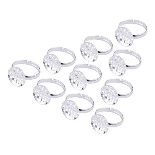 PandaHall Elite 10 Pieces Adjustable Ring Blanks with 14mm Flat Ring Base Pad Cabochon Settings for Jewelry Making Silver