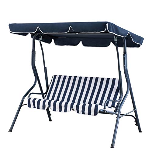 AmazonBasics Outdoor 2-Seat Striped Patio Swing with Canopy, Dark Blue and White