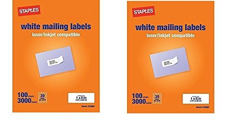 Staples White Mailing Labels for Laser Printers, 1 x 2.62 Inch, 100 Sheets, 3000 Labels, (2 Pack)