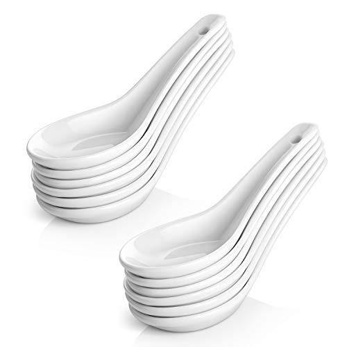 DOWAN Soup Spoon Sets of 12, White Ceramic Asian Ramen Spoons Bone China Spoon for Appetizer