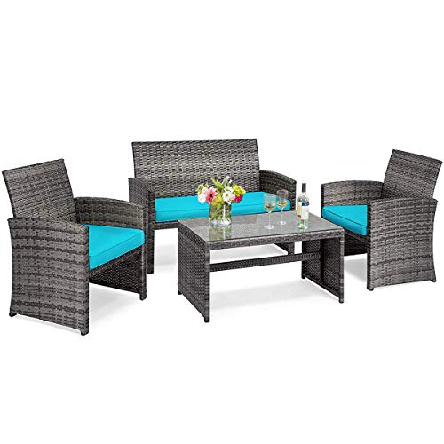 Tangkula 4 PCS Wicker Patio Conversation Set, Outdoor Rattan Sofas with Table Set, Patio Furniture Set with Soft Cushions & Tempered Glass Coffee Table for Poolside Courtyard Balcony (1, Turquoise)