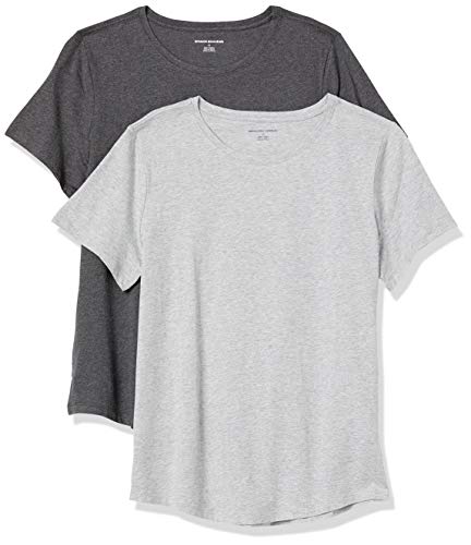 Amazon Essentials Women's 2-Pack Classic-Fit 100% Cotton Short-Sleeve Crewneck T-Shirt, Charcoal Heather/Light Grey Heather, Medium