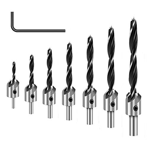 COMOWARE Countersink Drill Bits Set- 7Pcs Counter Sink Bit for Wood High Speed Steel, Woodworking Carpentry Reamer With 1 Free Hex Key Wrench