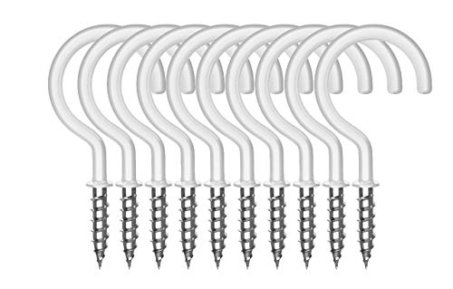 Vinyl Coated Ceiling Hooks - Pack of 10, White, Multipurpose 2 Inches Hook and 0.9 Inches Screw for Hanging Stuff