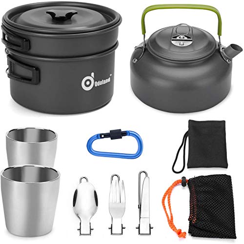 Odoland 10pcs Camping Cookware Mess Kit, Lightweight Pot Pan Kettle with 2 Cups, Fork Spoon Kit for Backpacking, Outdoor Camping Hiking and Picnic