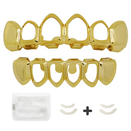 LuReen 14k Gold Silver Open Face Outline 6 Teeth Grillz + Extra 2 Molding Bars