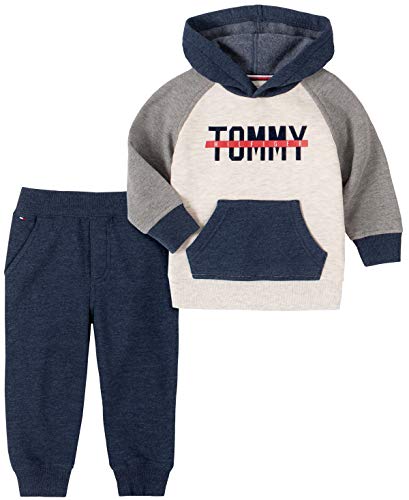 Tommy Hilfiger Baby Boys' 2 Pieces Hooded Pants Set, Gray/Oatmeal, 3-6 Months