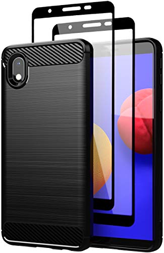 Teayoha Samsung Galaxy A01 Core Case, with Tempered Glass Screen Protector [2 Pack], Slim TPU Bumper Cover Brushed Anti-Fingerprint Flexible Skin Lightweight Protective Case - Black