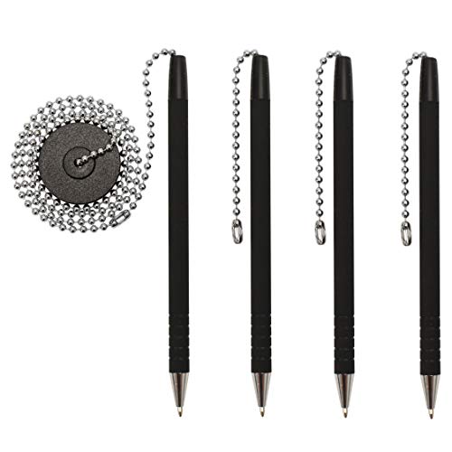 Secure Pen With Chain And Office Pen Holder Adhesive, Reception Counter Pen With 26' Ball Pen Chain, 4 Pens With Chain Attached Per Pack, Rubber Grip, Black Ink, Easily Refillable