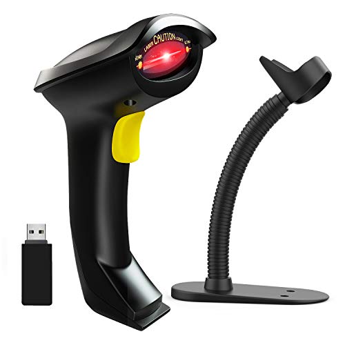 NADAMOO Wireless Barcode Scanner with Stand 2-in-1 2.4G Wireless & Wired USB Bar Code Scanner Handheld Laser Bar Code Reader Automatic Hand Scanner for Computer POS Warehouse Inventory Library