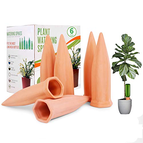 Remiawy Plant Watering Spikes, Plant Vacation Waterer Wine Bottle Watering Stakes Terracotta Plant Watering Devices Slow Release Self Watering Spikes Plant Nanny for Indoor Outdoor Plants(6 Pack)