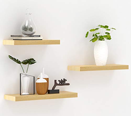 INMAN Floating Shelves Wood Wall Shelves Set of 3, Wall Hanging Shelf with Invisible Brackets, Rustic Modern Shelves for Storage and Display, 5.1’’ Deep, Light Walnut