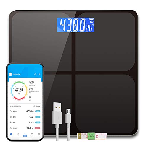 Bluetooth Body Fat Scale Weighing Machine Scales for Body Weight Bluetooth Scale Fat Percentage Weight Scale Accurate Smart Scale Composition Monitor Body Measurement Device USB Charging 400Lbs Black