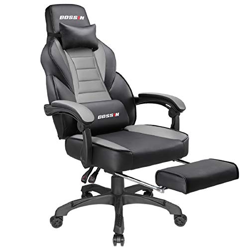 BOSSIN Gaming Chair Office Computer Desk Chair with Footrest and Headrest Racing Game Ergonomic Design Large Size High-Back E-Sports Chair PU Leather Swivel Chair (Gray)