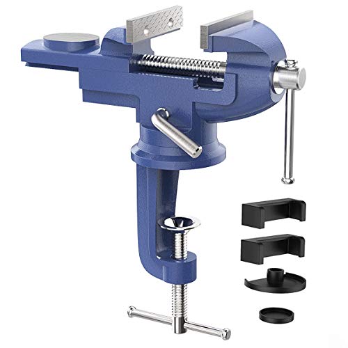 Housolution Universal Table Vise 3 Inch, 360°Swivel Base Bench Clamp Home Vise Clamp-On Vise Repair Tool Portable Work Bench Vise for Woodworking, Cutting Conduit, Drilling, Metalworking - Blue