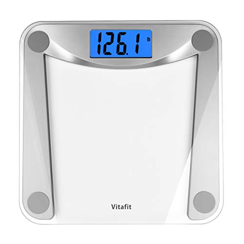 Vitafit Digital Body Weight Bathroom Scale Weighing Scale with Step-On Technology,Extra Large Blue Backlit Display and Batteries Included, 400 Pounds,Clear Glass