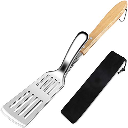 MOSFiATA 2-in-1 BBQ Tongs Spatula, 16' Multipurpose Slotted Grill Turners Heavy Duty with Extra Long Oak Wooden Handle, Heat-Resistant for Kitchen Cooking and Grilling Durable Stainless Steel