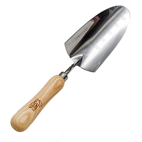 Cate's Garden Hand Trowel - Dig, Shovel and Plant - Heavy Duty Stainless Steel Garden Spade Tool, Smooth Vintage-Style Natural Ash Wood Handle and Leather Strap