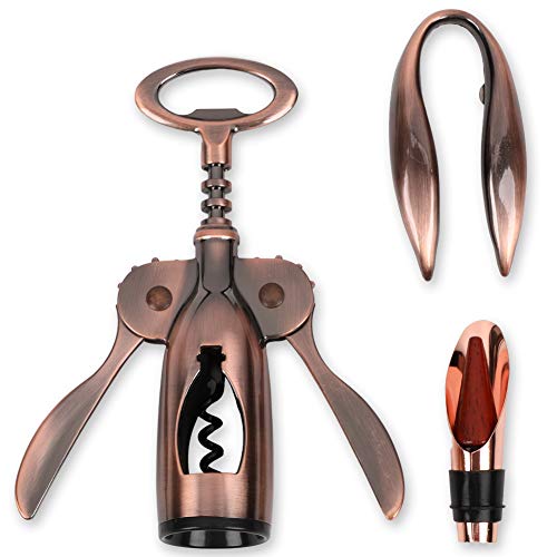OBALY Wing Corkscrew Wine Bottle Opener Set of 3 Pieces,Equipped with Bronze Multi-Functional Bottle Opener, Bottle Stopper and Aluminum Foil Cutter. The perfect gift for wine lovers