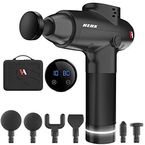 HEHX Deluxe 20 Speed Deep Tissue Muscle Massage Gun for Pain Relief & Athletes l Handheld Electric Body Massager Therapy Gun with 6 Heads l Percussion, Handheld & Cordless l Carry Case Included