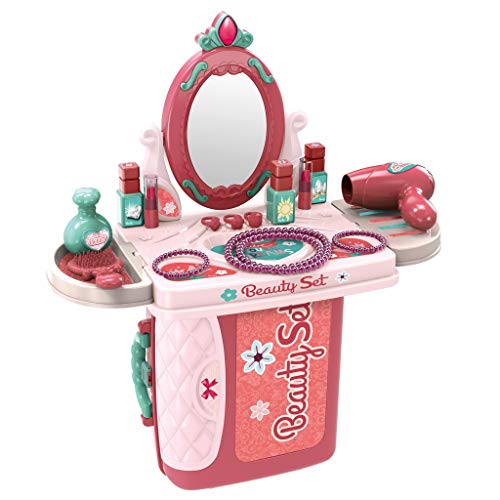 winwintom Pretend Play Vanity Makeup Toy Set - 2 in 1 Beauty Princess Dressing Table and Suitcase, Small Mirror, Pretend Cosmetics, Hair Dryer ,Portable Role Play Set with Accessories for Girl Kids