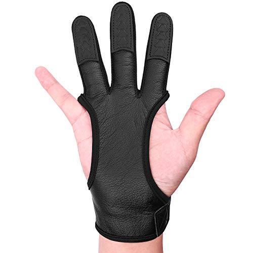 FitsT4 Leather Archery Gloves Three Finger Hand Guard Protective Glove Safety Archery Shooting Gloves Black L