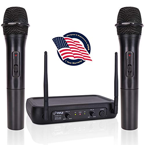 Pyle Channel Microphone System-VHF Fixed Dual Frequency Wireless Set with 2 Handheld Dynamic Transmitter Mics, Receiver Base-for PA, Karaoke, Dj Party (PDWM2135)