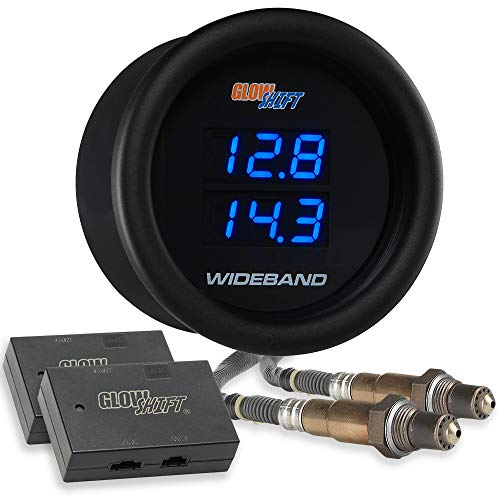 GlowShift Black 7 Series Dual Digital Wideband Air/Fuel Ratio AFR Gauge Kit - Includes Oxygen Sensors, Data Logging Output & Weld-in Bungs - Clear Lens - Blue LED Display - 2-1/16' 52mm