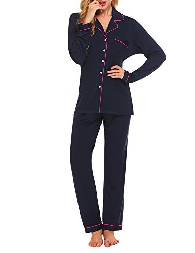 Ekouaer Womens Long Sleeve PJ Set with Pajama Pants, Navy, M