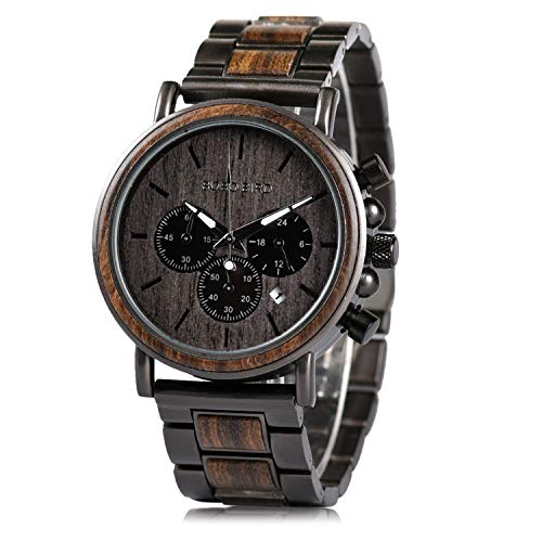 Mens Wooden Watches Business Casual Wristwatches Stylish Ebony Wood & Stainless Steel Combined Chronograph
