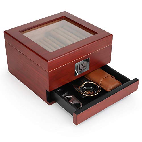 Flauno Handcrafted Cedar Humidor Cigar Box with Accurate Digital Hygrometer, Cigar Humidifier and Accessory Drawer, Holds (25-50 Cigars)