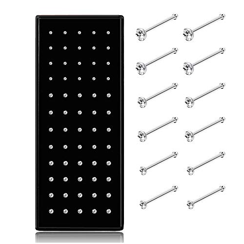 Thunaraz 60pcs Stainless Steel Nose Studs Rings Piercing Pin Body Jewelry 22G 1.5mm 2mm 2.5mm White