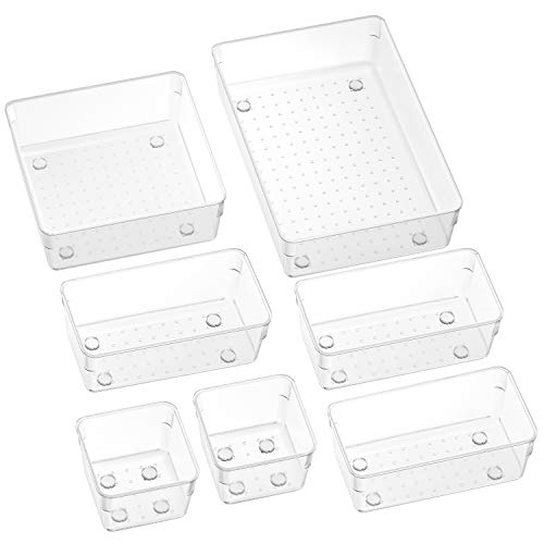 SMARTAKE 7-Piece Drawer Organizers with Non-Slip Silicone Pads, 4-Size Clear Desk Drawer Organizer Trays Storage Tray for Makeup, Jewelries, Utensils in Bedroom Dresser, Office and Kitchen