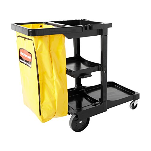 Rubbermaid Commercial Traditional Janitorial 3-Shelf Cart, Wheeled with Zippered Yellow Vinyl Bag, Black, FG617388BLA