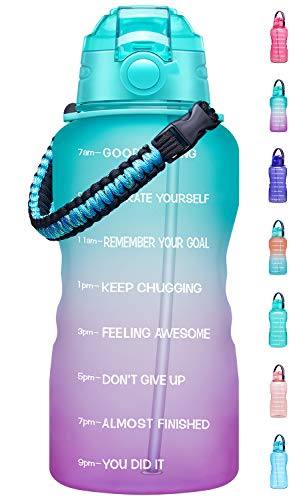 Fidus Large 1 Gallon Motivational Water Bottle with Paracord Handle & Removable Straw - BPA Free Leakproof Water Jug with Time Marker to Ensure You Drink Enough Water Throughout the Day-Green/Purple