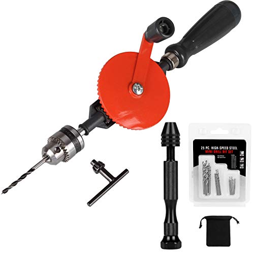 Hand Drill Manual 3/8-inch Capacity Speedy Powerful Manual Drill Double Pinion Geared 3 Jaw Chuck Hand Drill for Wood Plastic Soft Metal By STARVAST, Come With Pin Vise Hand Drill Set