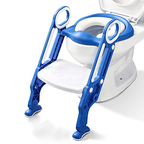 Potty Training Toilet Seat with Step Stool Ladder for Kids Children Baby Toddler Toilet Training Seat Chair with Soft Cushion Sturdy and Non-Slip Wide Steps for Girls and Boys (Blue White)