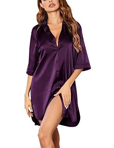 Ekouaer Nightgown Women Half Sleeve Sleep Shirts Soft Casual Sexy Nightshirt V Neck Satin Wedding Sleepwear Purple S