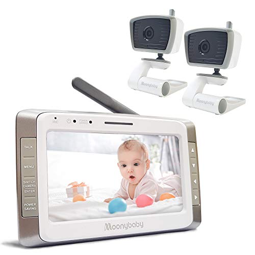 Moonybaby Trust 50-2 Non-WiFi Baby Monitor, 2 Cameras and 5 Inches Large Screen, Long Battery Life, Long Range, Auto Night Vision, Talk Back, Auto Scan, Lullabies and Power Saving/Voice Activation