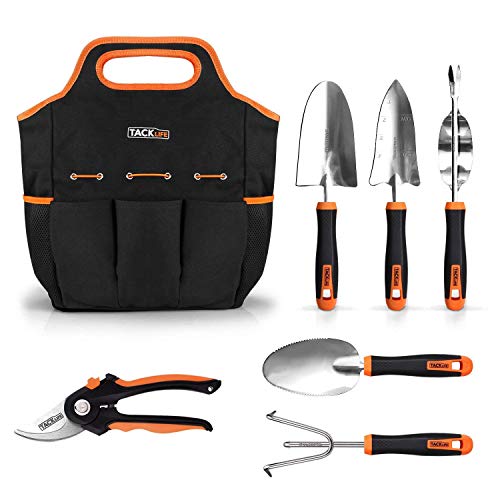 TACKLIFE 6 Piece Stainless Steel Heavy Duty Garden Tools Set, with Non-slip Rubber Grip, Storage Tote Bag, Outdoor Hand Tools, Garden Gift, Black and Orange GGT4A