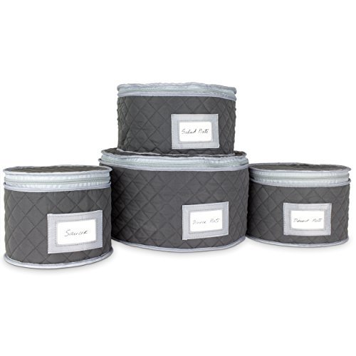 Fine China Storage - Set of 4 Quilted Cases for Dinnerware Storage. Sizes: 12' - 10' - 8.5' and 7' Long - Gray - Quilted Fabric Container with 48 Felt Plate Separators Included
