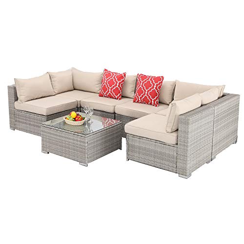 Furnimy 7 PCS Outdoor Patio Furniture Set Cushioned Sectional Conversation Sofa Set Rattan Wicker Gray with Tempered Glass Coffee Table and 2 Red Pillows (Gray Brown)