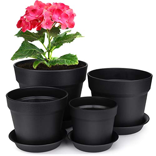 HOMENOTE 7/6/5/4 inch Plastic Planters Indoor Set of 4 Black Plant Pots with Drainage Trays Modern Round Flower pots for House Plants, Succulents, Flowers