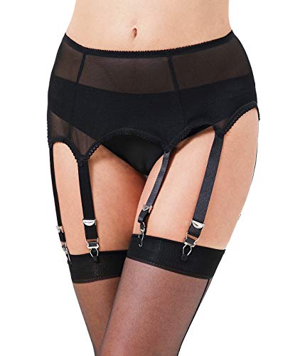 E-Laurels Sexy Women's Mesh Suspender/Garter Belt with Six Straps Metal Clip for Thigh High Stockings (Black, Medium)