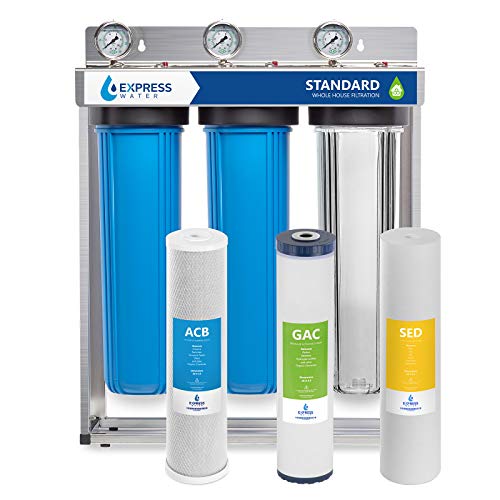 Express Water Whole House Water Filter – 3 Stage Home Water Filtration System – Sediment, Coconut Shell Carbon Filters – includes Pressure Gauges, Easy Release, and 1” Inch Connections