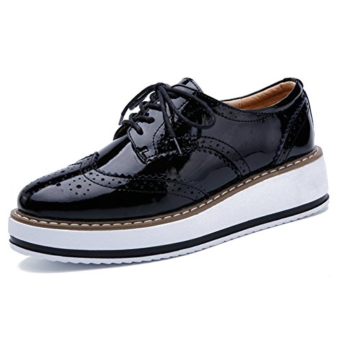 YING LAN Women's Platform Lace-Up Wingtips Square Toe Oxfords Shoe Black